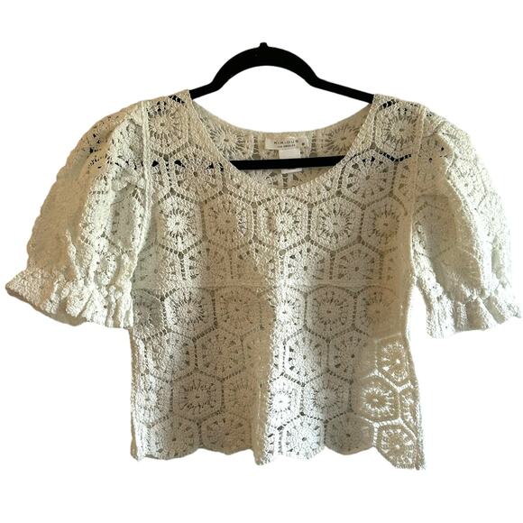Kirious Lace Crochet Granny Square White Cropped Puff Sleeve Shirt Blouse M - Picture 1 of 4